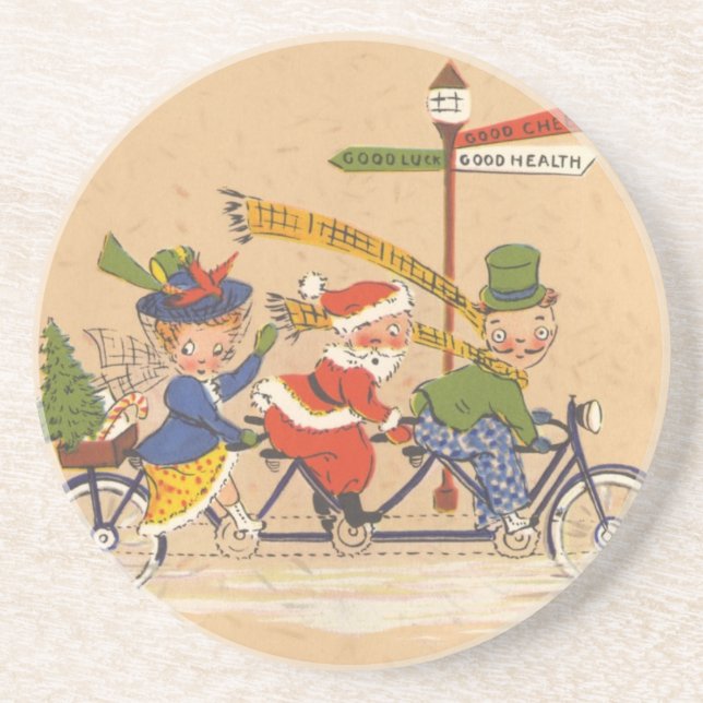 Vintage jul, Jultomten Riding a Bicycle Underlägg Sandsten (Framsidan)