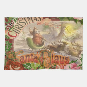 Vintage jul Jultomten Sleigh Kökshandduk