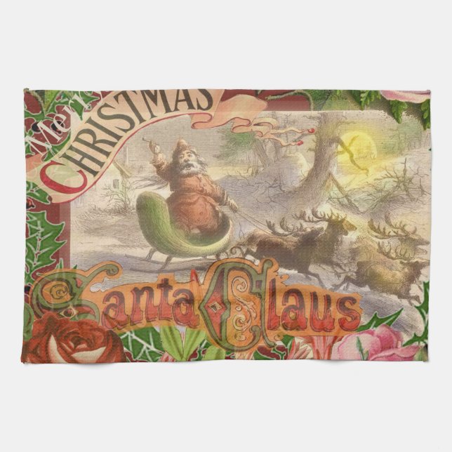 Vintage jul Jultomten Sleigh Kökshandduk (Horisontell)