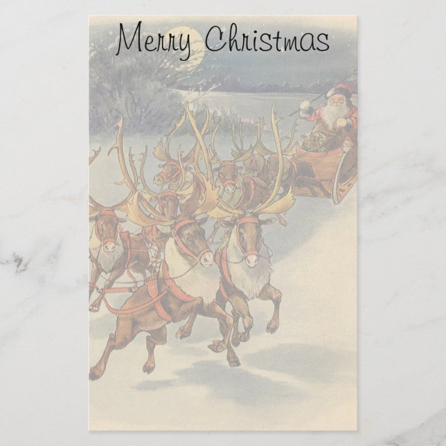 Vintage jul Jultomten Sleigh med Reindeer Brevpapper (Framsida)