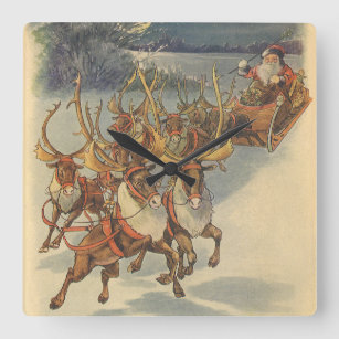 Vintage jul Jultomten Sleigh med Reindeer Fyrkantig Klocka