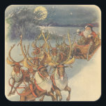 Vintage jul Jultomten Sleigh med Reindeer Fyrkantigt Klistermärke<br><div class="desc">Vintage illustrerar situationen i helgdag i Victorian God jul med Jultomten och hans renar som levererade leksaker på julen Kväll. Tomten flyger över snö på en kylig vinternatt med fullt i himlar.</div>