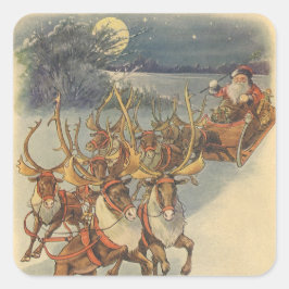 Vintage jul Jultomten Sleigh med Reindeer Fyrkantigt Klistermärke