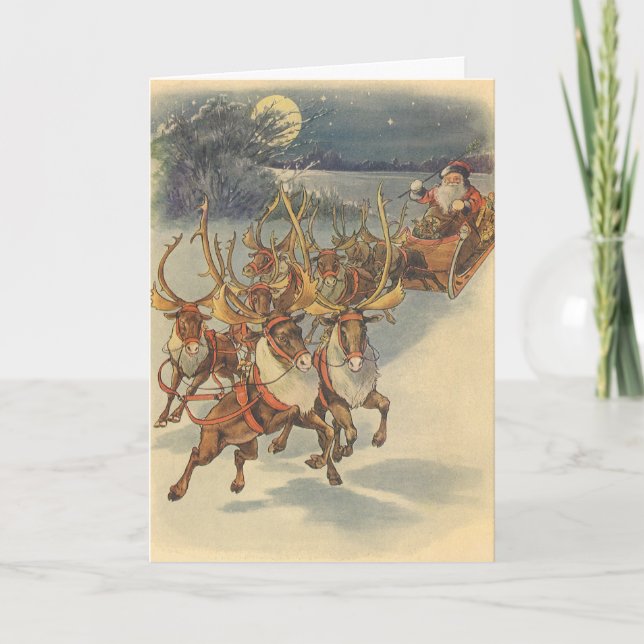 Vintage jul Jultomten Sleigh med Reindeer Helgkort (Framsida)