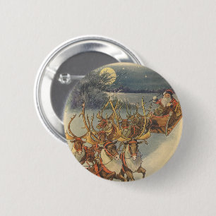Vintage jul Jultomten Sleigh med Reindeer Knapp