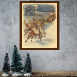 Vintage jul Jultomten Sleigh med Reindeer Poster