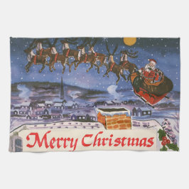 Vintage jul Jultomten som flyger hans sleigh Kökshandduk