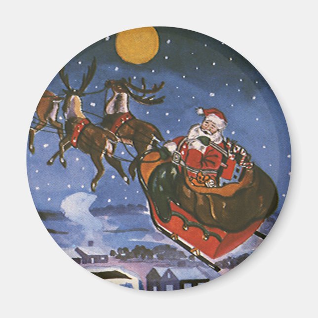 Vintage jul Jultomten som flyger hans sleigh Magnet (Framsidan)