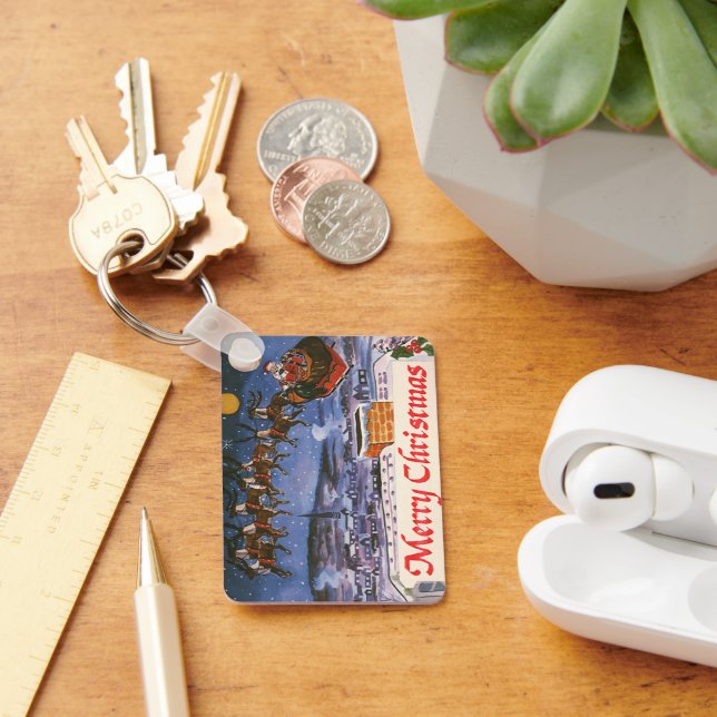 Vintage jul Jultomten som flyger hans sleigh Nyckelring (Skrivbord)