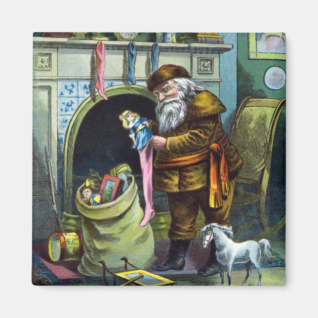 Vintage jul, Jultomten Stockings med Leksaker Magnet (Framsidan)