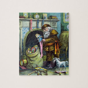 Vintage jul, Jultomten Stockings med Leksaker Pussel