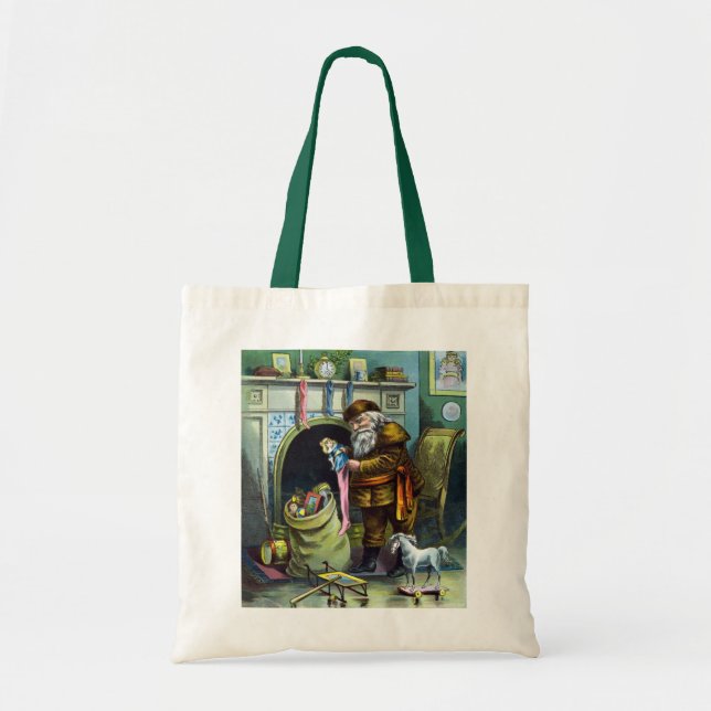 Vintage jul, Jultomten Stockings med Leksaker Tygkasse (Framsidan)