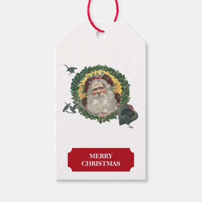 Vintage jul Jultomten & Turkey Gift-Märkre Presentetikett (Framsidan)