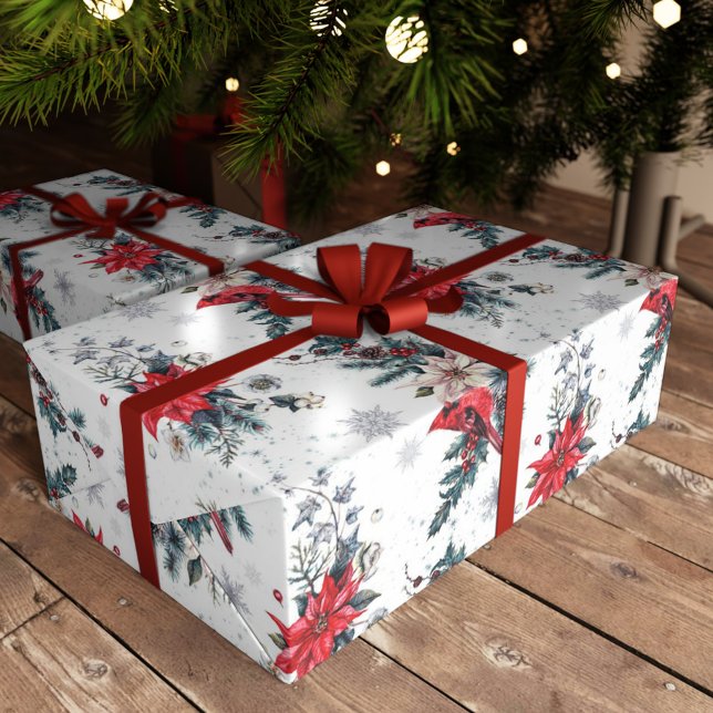 Vintage jul Kardinal Poinsettia Mönster Presentpapper (Vintage Christmas Cardinal Poinsettia Pattern Wrapping Paper)