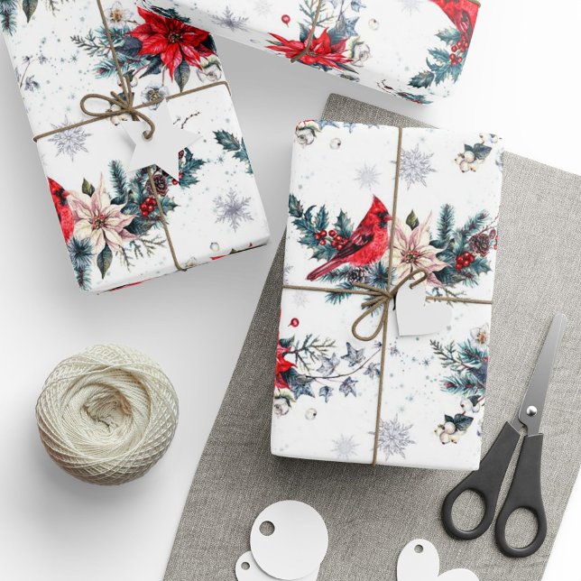 Vintage jul Kardinal Poinsettia Mönster Presentpapper (Vintage Christmas Cardinal Poinsettia Pattern Wrapping Paper)