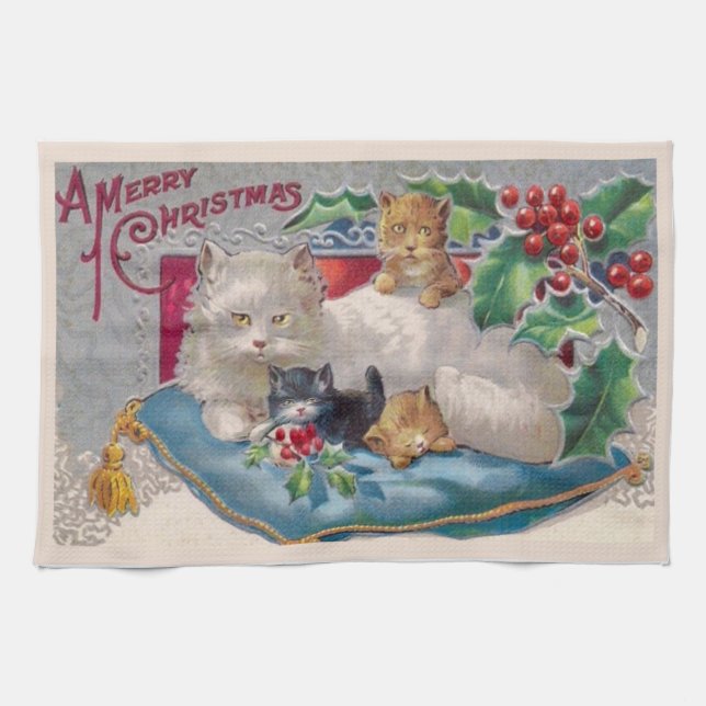 Vintage jul Kat med Kittens God jul Kökshandduk (Horisontell)