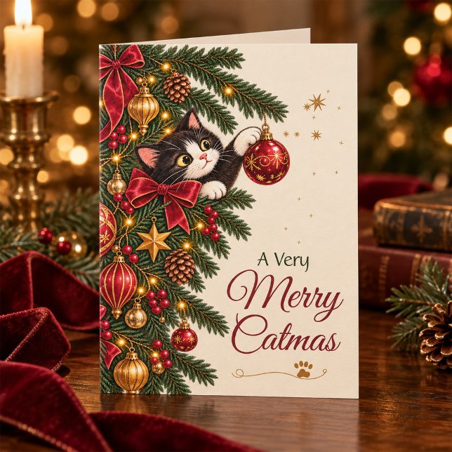 Vintage jul Katten God Jul Julkort (Vintage Christmas Kitten Merry Catmas Holiday Card)