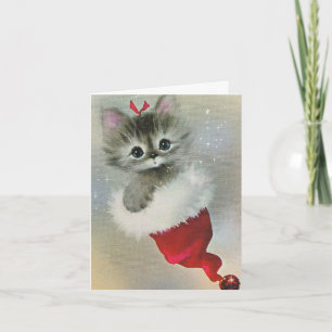 Vintage jul Kitten Cat i Santa Hat Helgkort