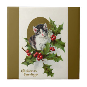 Vintage jul Kitten Guld Ceramic Tile Kakelplatta