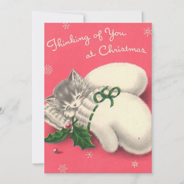 Vintage jul Kitten Mittens Julkort (Framsida)