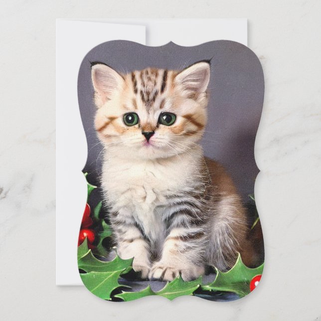 Vintage jul Kitten och Holly Card (Framsida)