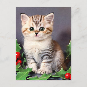Vintage jul Kitten och Holly Helg Vykort