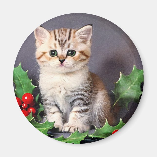 Vintage jul Kitten och Holly Magnet (Framsidan)