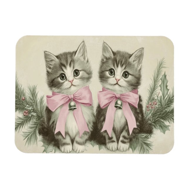 Vintage jul Kittens med Rosa Bows Flexibel Magnet (Horisontell)