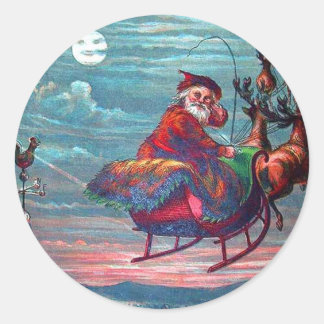 Vintage jul Kväll Santa och Reindeer Runt Klistermärke