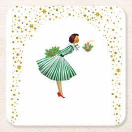 Vintage jul Kvinna som blåser ut ett ljus Underlägg Papper Kvadrat