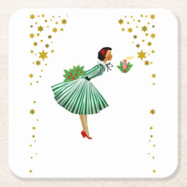 Vintage jul Kvinna som blåser ut ett ljus Underlägg Papper Kvadrat