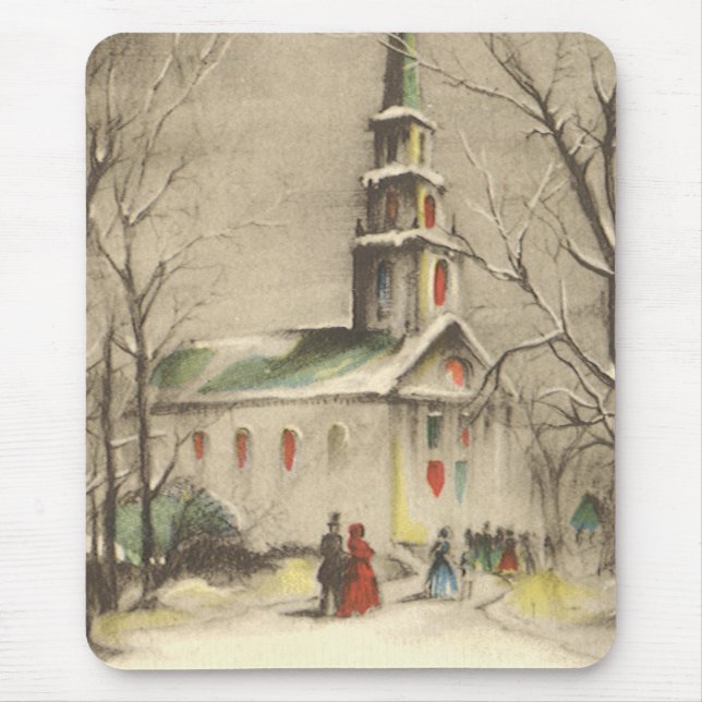 Vintage jul, kyrka i vintersnölandskap musmatta (Framsidan)