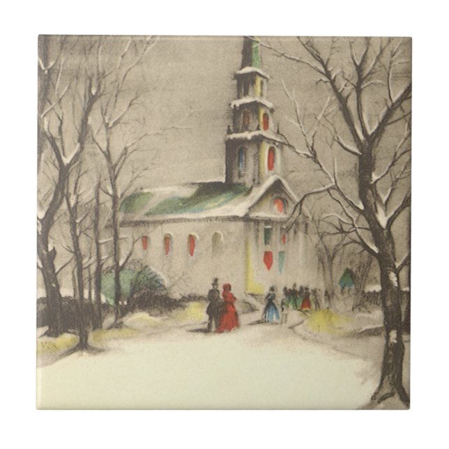 Vintage jul, kyrka i vintersnowscape kakelplatta (Framsidan)