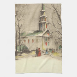 Vintage jul, kyrka i vintersnowscape kökshandduk