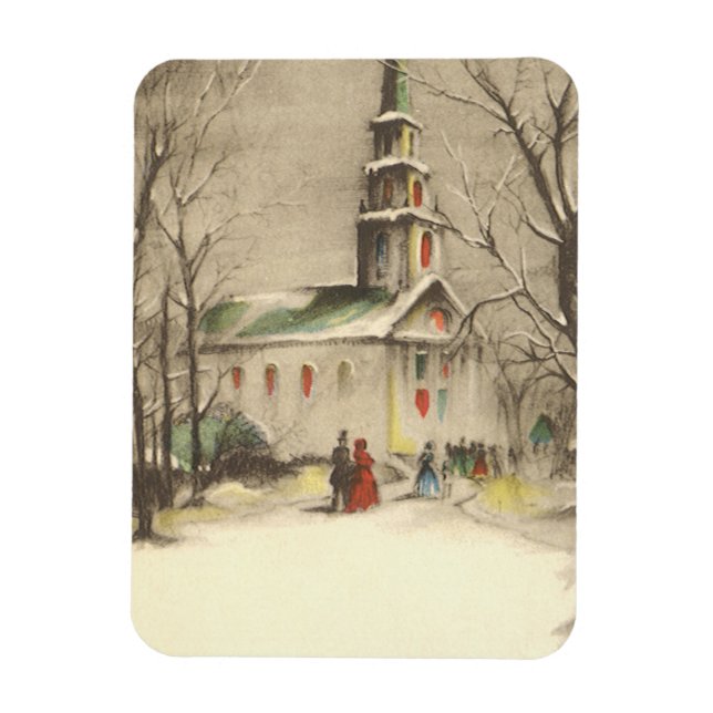 Vintage jul, kyrka i vintersnowscape magnet (Vertikal)
