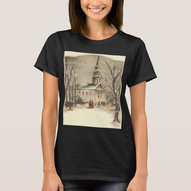 Vintage jul, kyrka i vintersnowscape tee shirt (Framsida)