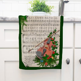 Vintage jul Lakan Music med Festive Violin Kökshandduk
