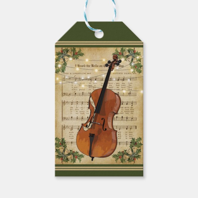 Vintage jul Lakan Music och Cello Helgdag Presentetikett (Framsidan)