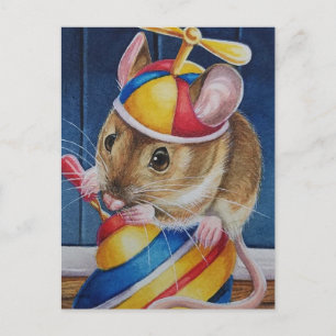 Vintage jul Leksak Mouse on Top Watercolor Art Vykort