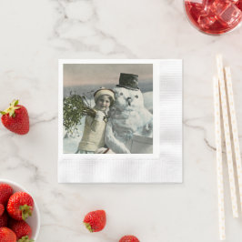 Vintage jul liten flicka med snöman  pappersservett