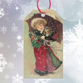 Vintage jul Little Girl & Puppy in her Muff Presentetikett