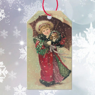 Vintage jul Little Girl & Puppy in her Muff Presentetikett