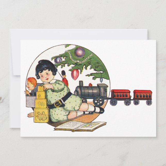 Vintage jul, Lycklig Boy spelar med Leksaker Inbjudningar (Framsida)