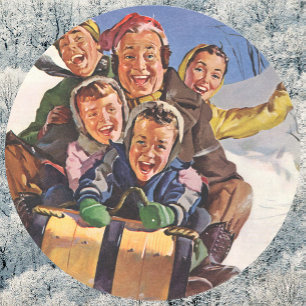 Vintage jul, lycklig familj slädar toboggan runt klistermärke