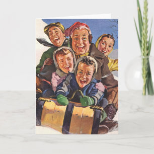 Vintage jul, Lycklig Family Toboggan Sledding Helgkort