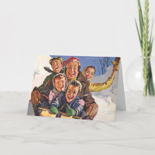 Vintage jul, Lycklig Family Toboggan Sledding Helgkort