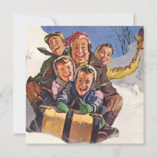 Vintage jul, Lycklig Family Toboggan Sledding Inbjudningar