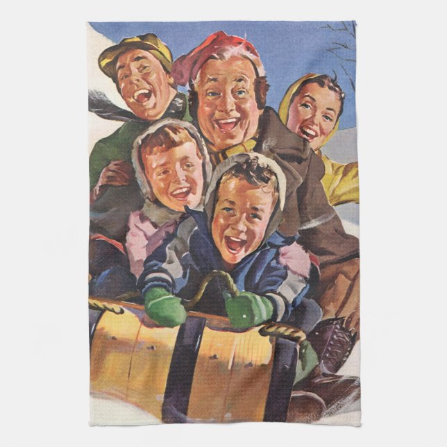 Vintage jul, Lycklig Family Toboggan Sledding Kökshandduk (Vertikal)