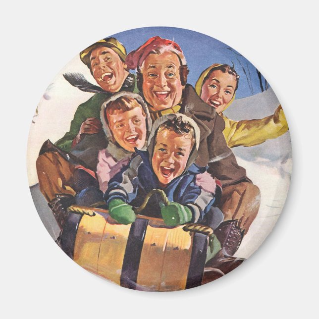Vintage jul, Lycklig Family Toboggan Sledding Magnet (Framsidan)