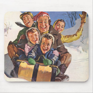Vintage jul, Lycklig Family Toboggan Sledding Musmatta
